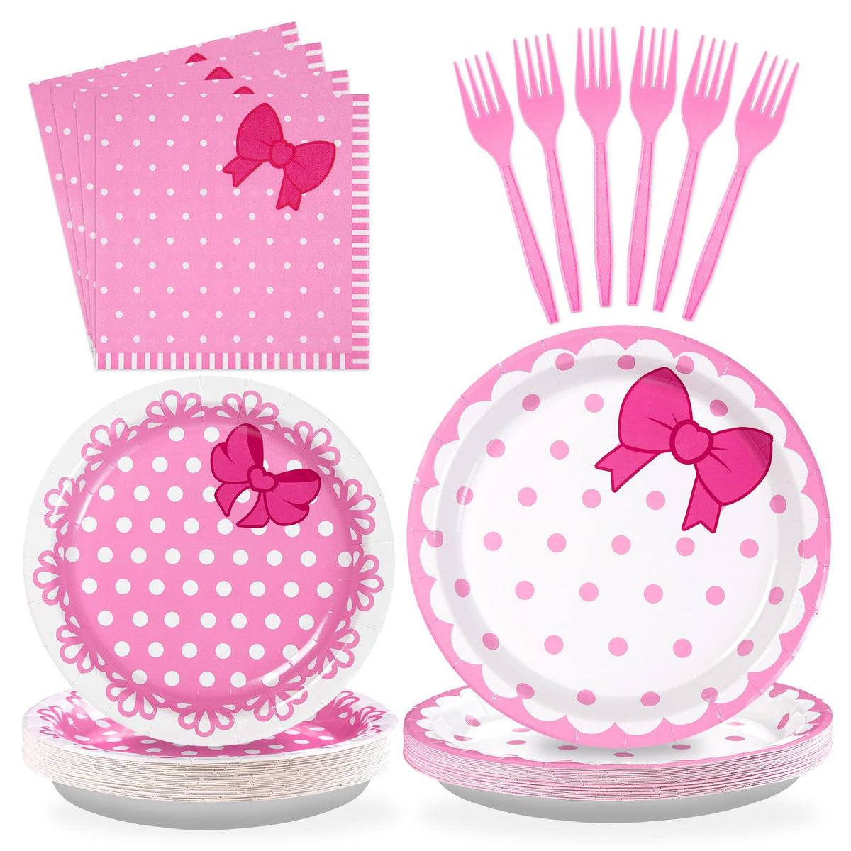 96 Pcs Pink Cat Bow Party Plates and Napkins - Grencian