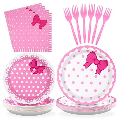 96 Pcs Pink Cat Bow Party Plates and Napkins - Grencian