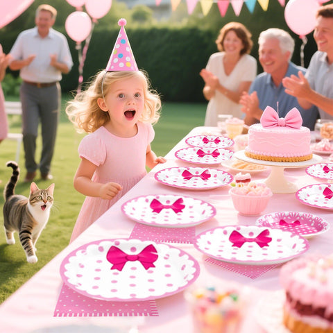 96 Pcs Pink Cat Bow Party Plates and Napkins - Grencian
