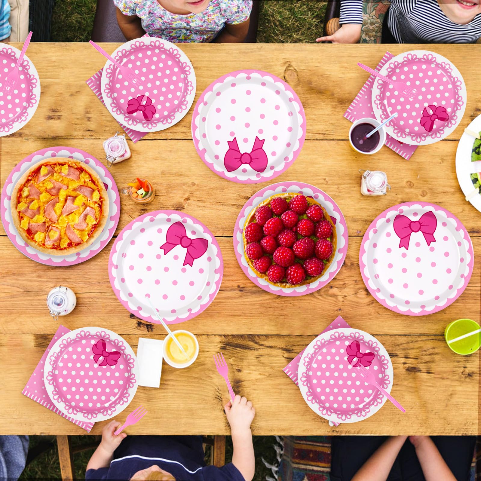 96 Pcs Pink Cat Bow Party Plates and Napkins - Grencian