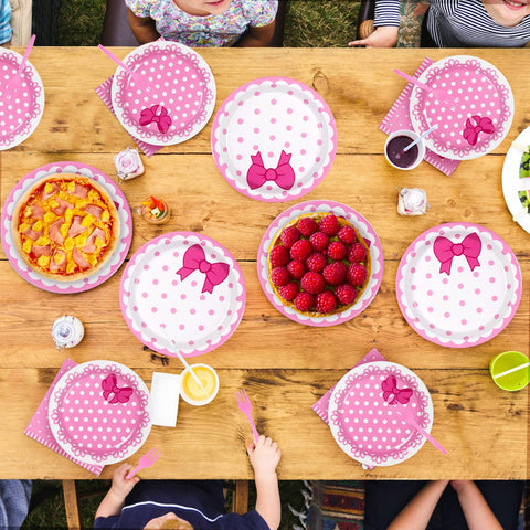 96 Pcs Pink Cat Bow Party Plates and Napkins - Grencian