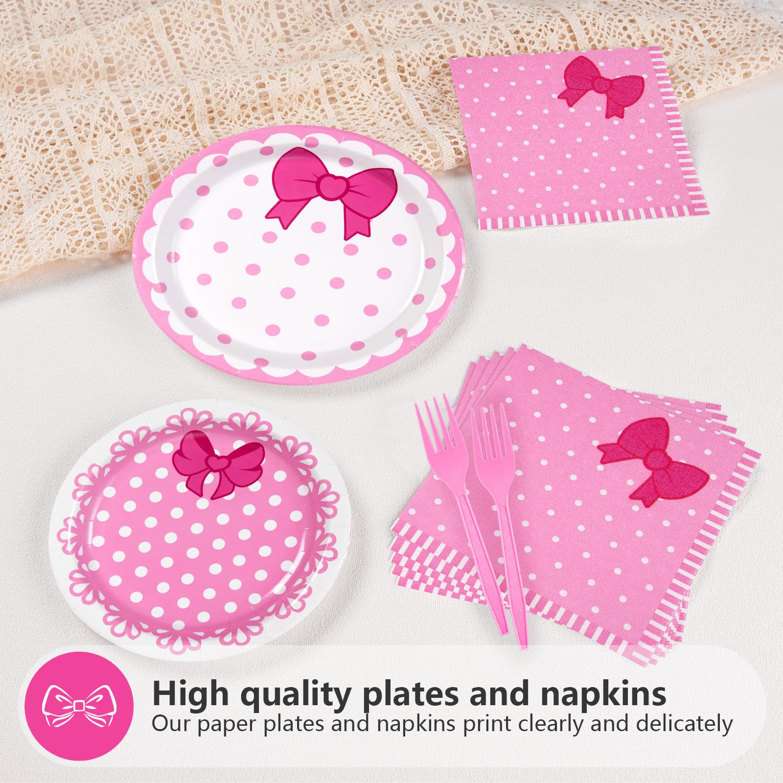 96 Pcs Pink Cat Bow Party Plates and Napkins - Grencian