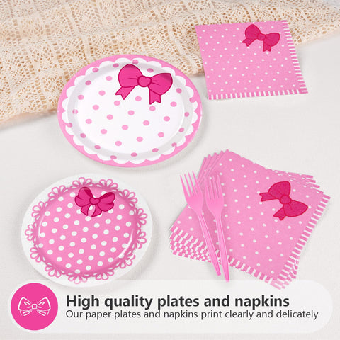96 Pcs Pink Cat Bow Party Plates and Napkins - Grencian