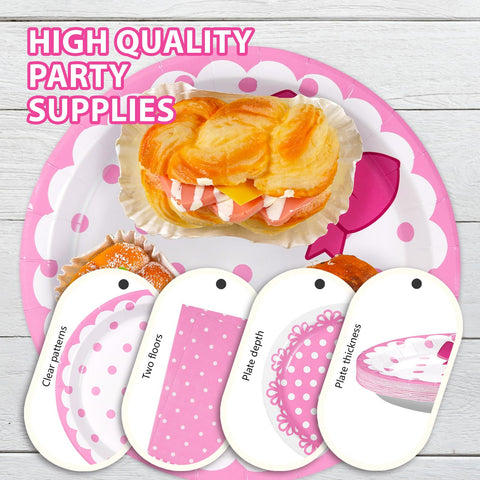 96 Pcs Pink Cat Bow Party Plates and Napkins - Grencian