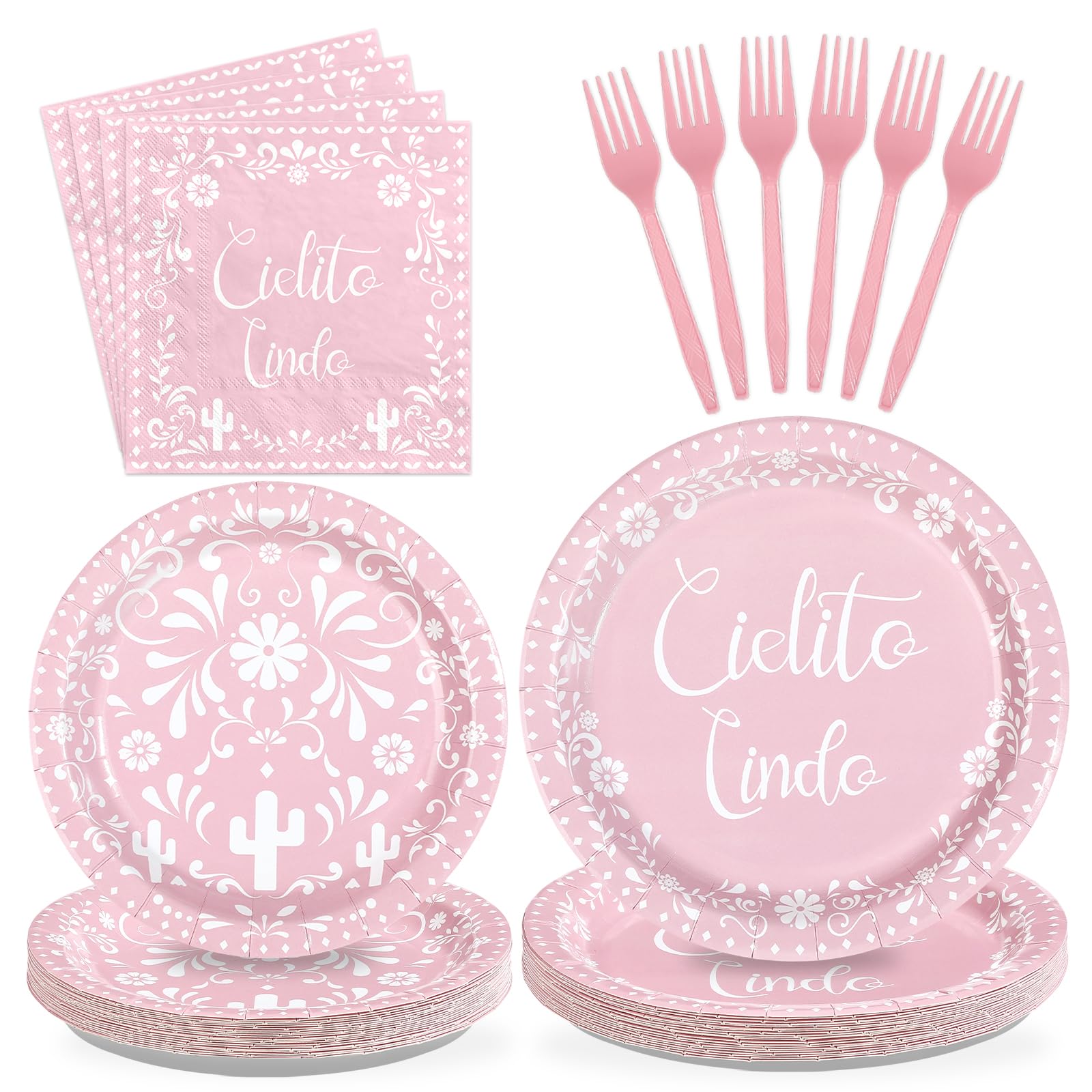 96 Pcs Pink Cielito Lindo Party Plates and Napkins - Grencian