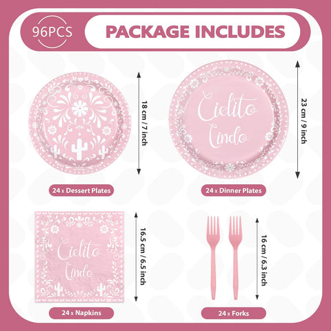 96 Pcs Pink Cielito Lindo Party Plates and Napkins - Grencian