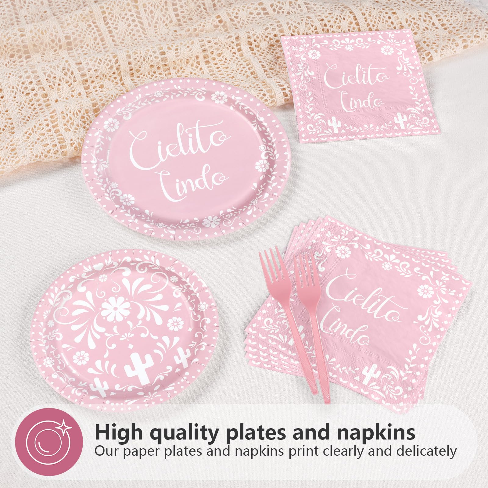 96 Pcs Pink Cielito Lindo Party Plates and Napkins - Grencian