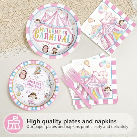 96 Pcs Pink Circus Party Plates and Napkins - Grencian