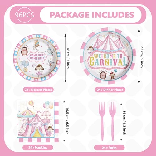 96 Pcs Pink Circus Party Plates and Napkins - Grencian