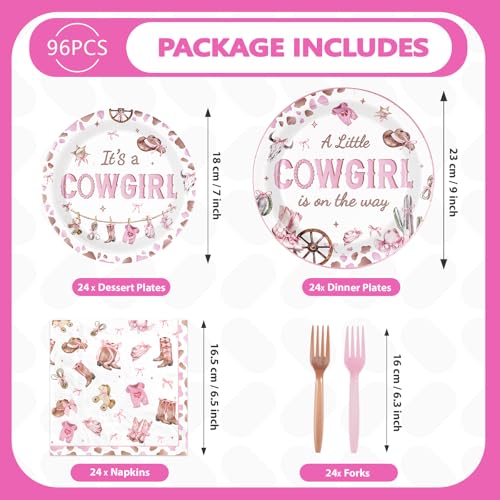 96 Pcs Pink Cowgirl Baby Shower Party Plates and Napkins - Grencian