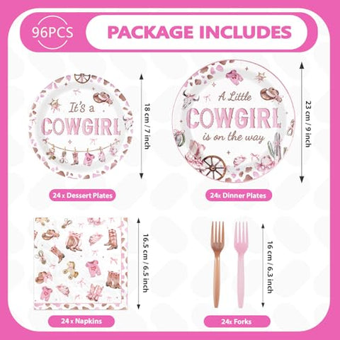 96 Pcs Pink Cowgirl Baby Shower Party Plates and Napkins - Grencian