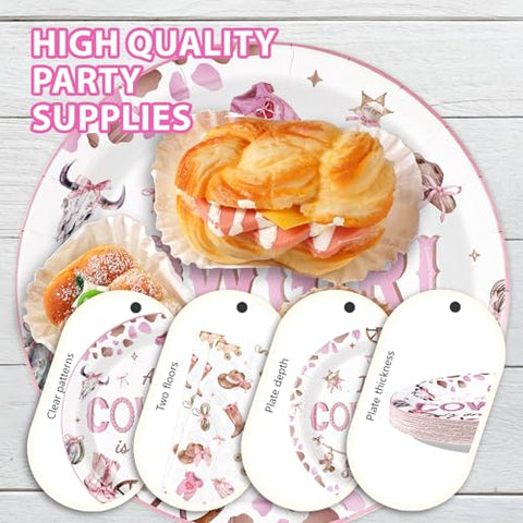 96 Pcs Pink Cowgirl Baby Shower Party Plates and Napkins - Grencian