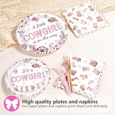 96 Pcs Pink Cowgirl Baby Shower Party Plates and Napkins - Grencian