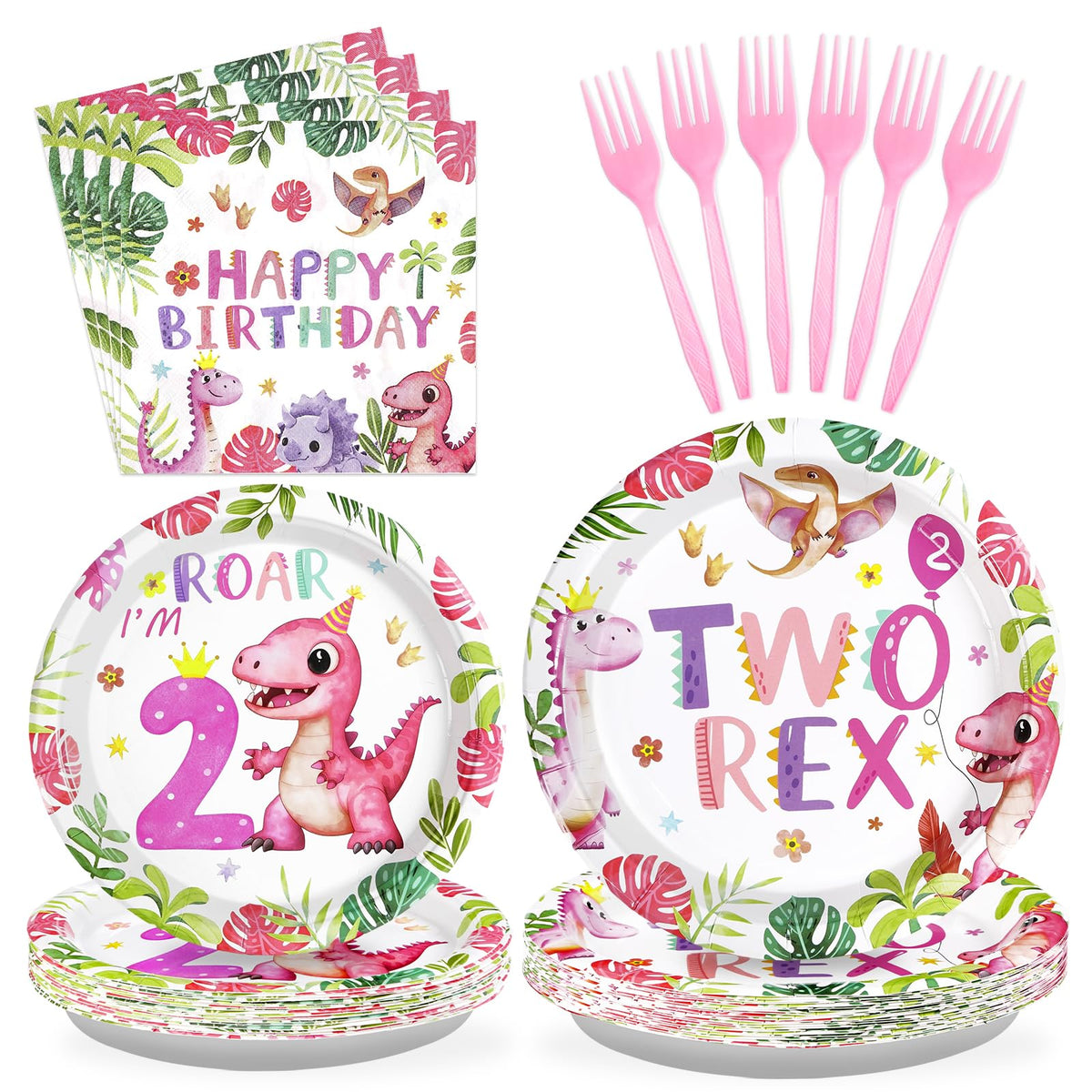 96 Pcs Pink Dinosaur 2nd Birthday Party Plates and Napkins - Grencian