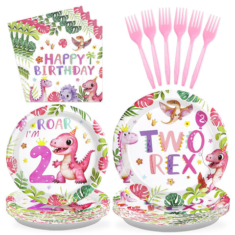 96 Pcs Pink Dinosaur 2nd Birthday Party Plates and Napkins - Grencian
