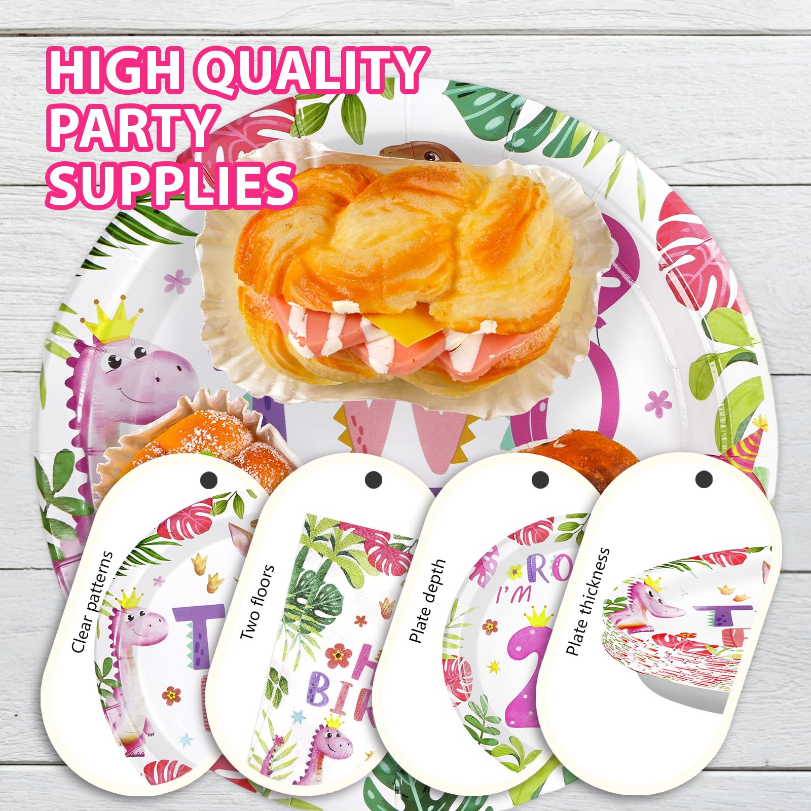 96 Pcs Pink Dinosaur 2nd Birthday Party Plates and Napkins - Grencian