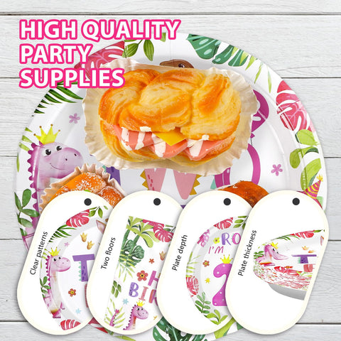 96 Pcs Pink Dinosaur 2nd Birthday Party Plates and Napkins - Grencian