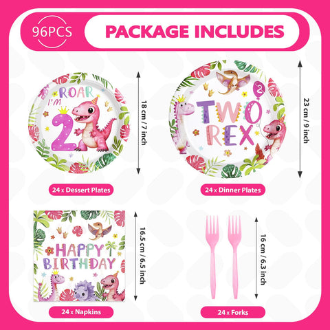 96 Pcs Pink Dinosaur 2nd Birthday Party Plates and Napkins - Grencian