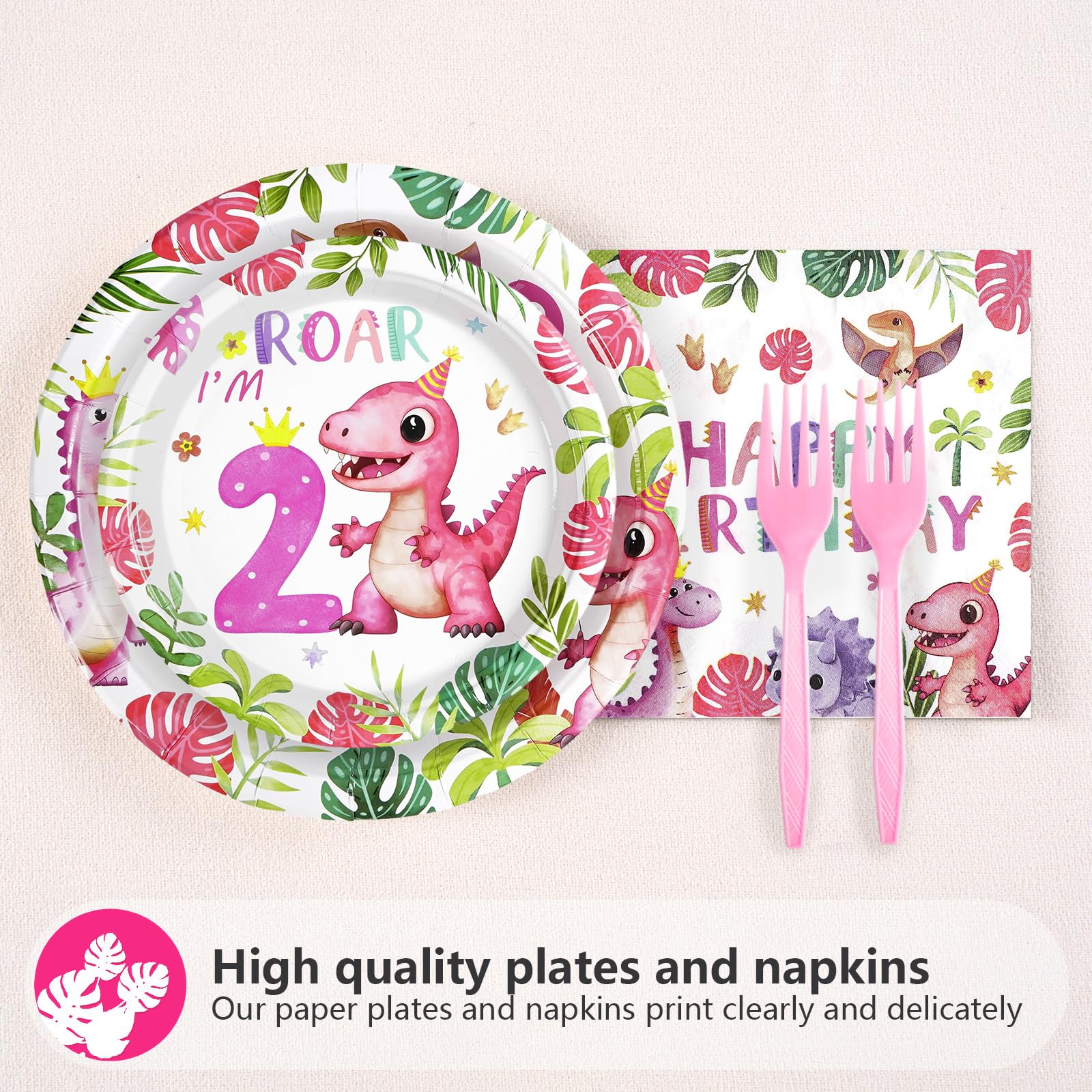96 Pcs Pink Dinosaur 2nd Birthday Party Plates and Napkins - Grencian