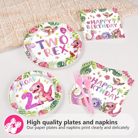 96 Pcs Pink Dinosaur 2nd Birthday Party Plates and Napkins - Grencian