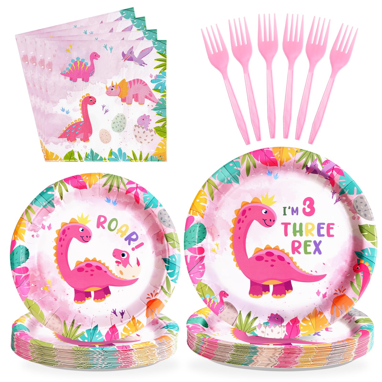 96 Pcs Pink Dinosaur 3rd Birthday Party Plates and Napkins - Grencian