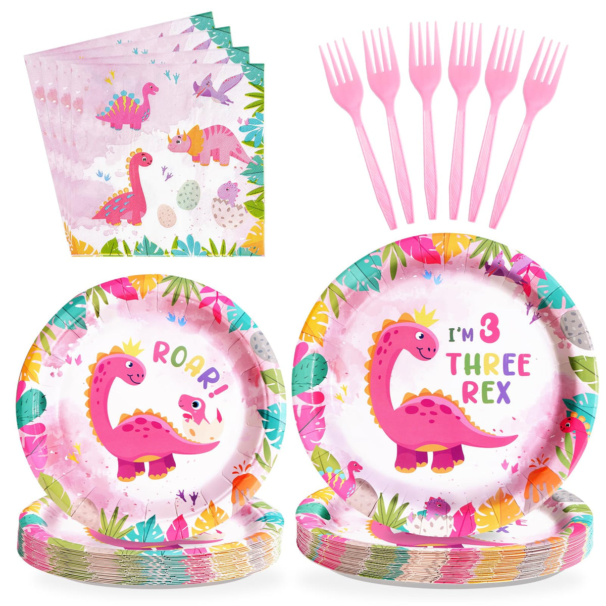 96 Pcs Pink Dinosaur 3rd Birthday Party Plates and Napkins - Grencian