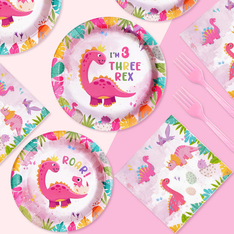 96 Pcs Pink Dinosaur 3rd Birthday Party Plates and Napkins - Grencian