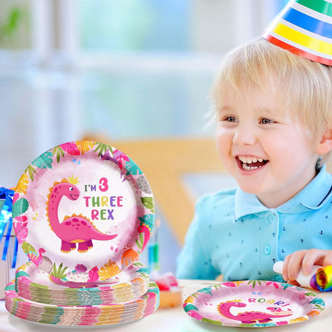 96 Pcs Pink Dinosaur 3rd Birthday Party Plates and Napkins - Grencian