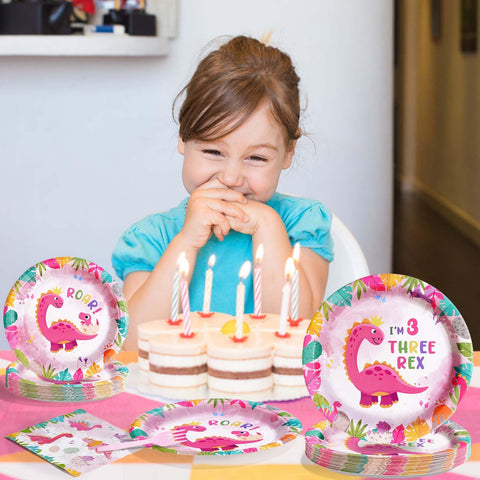 96 Pcs Pink Dinosaur 3rd Birthday Party Plates and Napkins - Grencian
