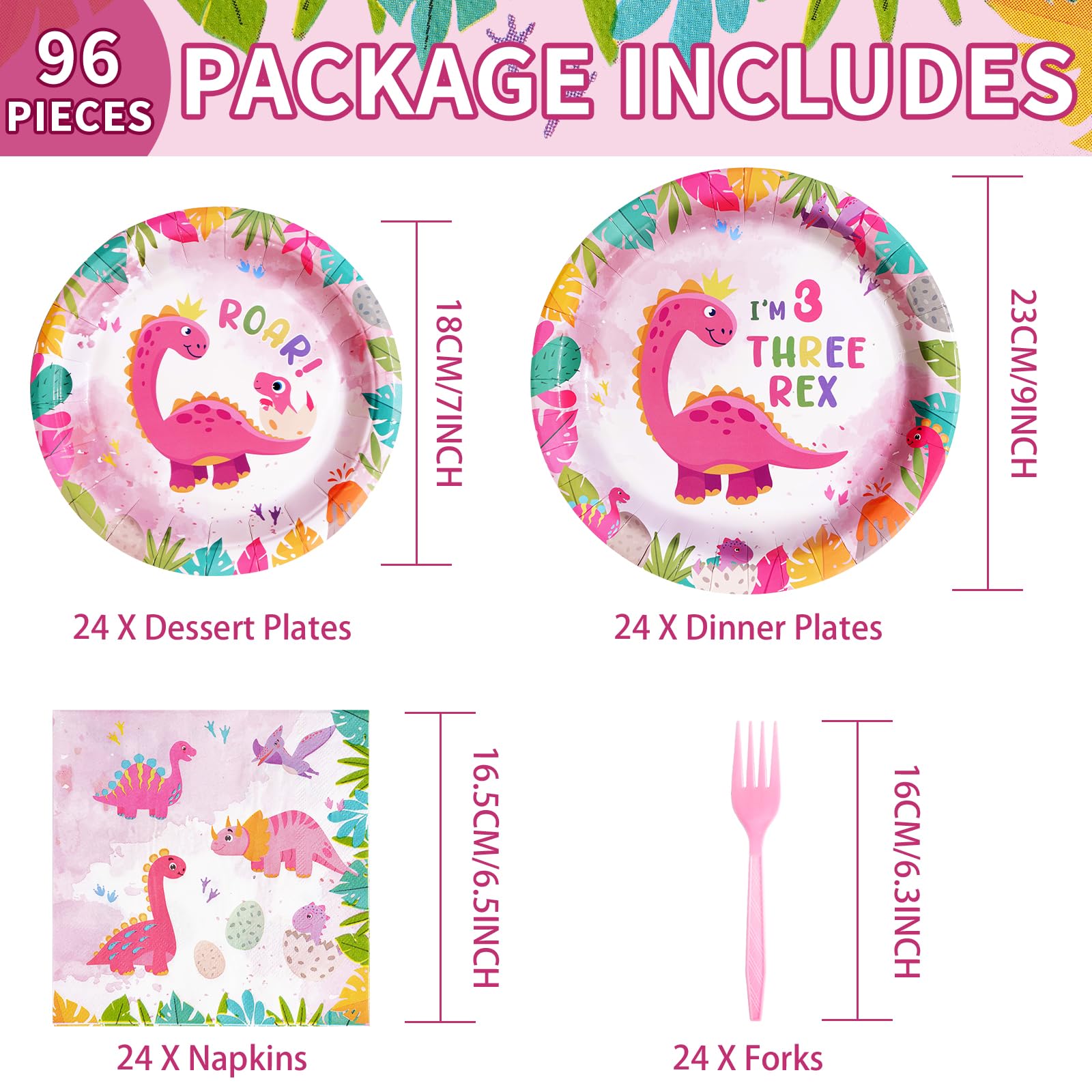 96 Pcs Pink Dinosaur 3rd Birthday Party Plates and Napkins - Grencian