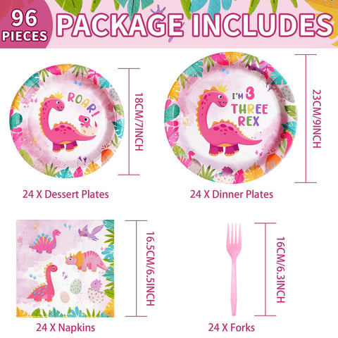 96 Pcs Pink Dinosaur 3rd Birthday Party Plates and Napkins - Grencian