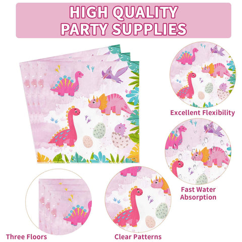 96 Pcs Pink Dinosaur 3rd Birthday Party Plates and Napkins - Grencian