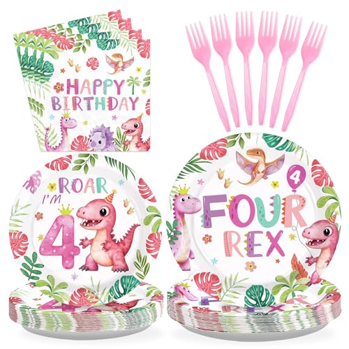 96 Pcs Pink Dinosaur 4th Birthday Party Plates and Napkins - Grencian
