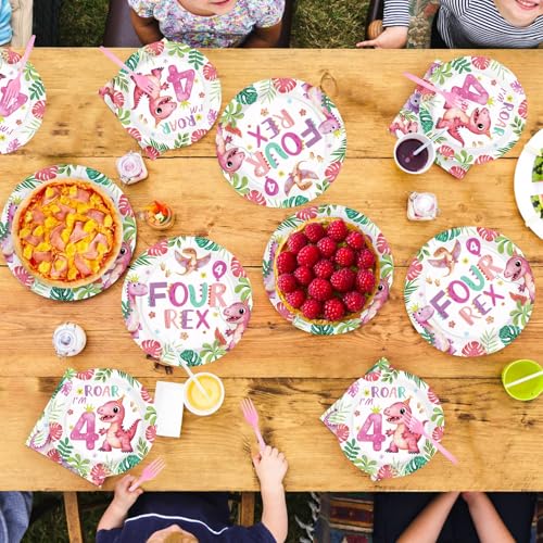 96 Pcs Pink Dinosaur 4th Birthday Party Plates and Napkins - Grencian