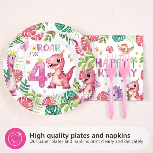 96 Pcs Pink Dinosaur 4th Birthday Party Plates and Napkins - Grencian