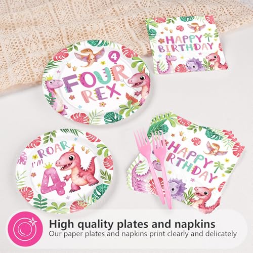 96 Pcs Pink Dinosaur 4th Birthday Party Plates and Napkins - Grencian
