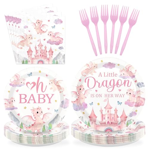 96 Pcs Pink Dragon Baby Shower Party Plates and Napkins - Grencian