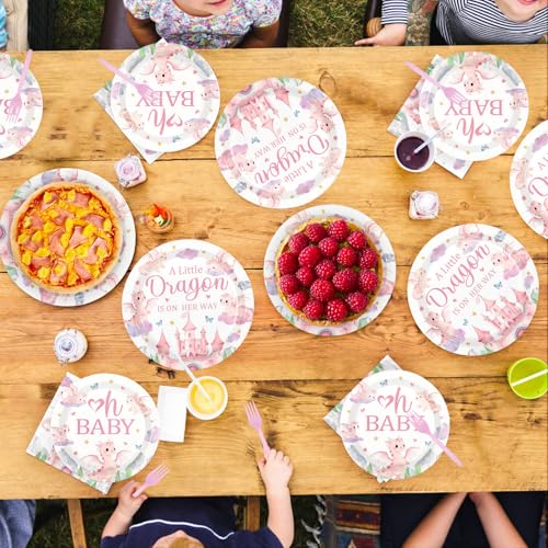 96 Pcs Pink Dragon Baby Shower Party Plates and Napkins - Grencian