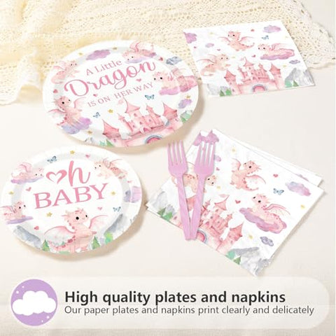 96 Pcs Pink Dragon Baby Shower Party Plates and Napkins - Grencian