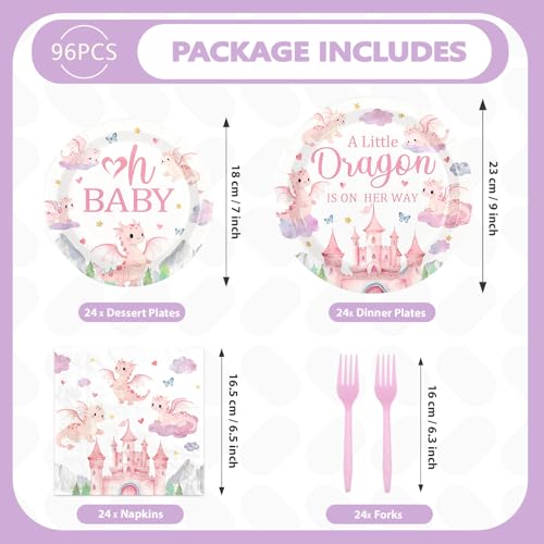 96 Pcs Pink Dragon Baby Shower Party Plates and Napkins - Grencian