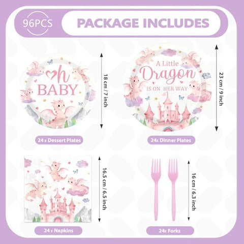 96 Pcs Pink Dragon Baby Shower Party Plates and Napkins - Grencian