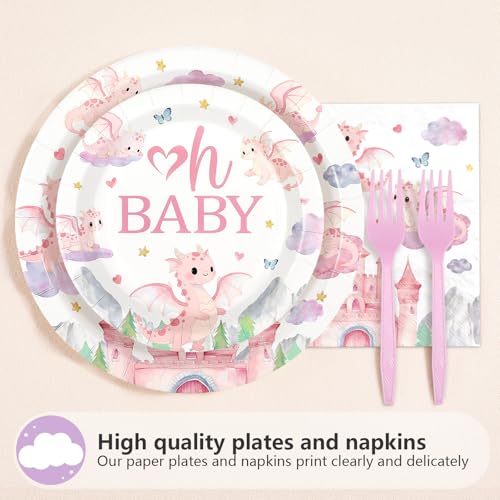 96 Pcs Pink Dragon Baby Shower Party Plates and Napkins - Grencian
