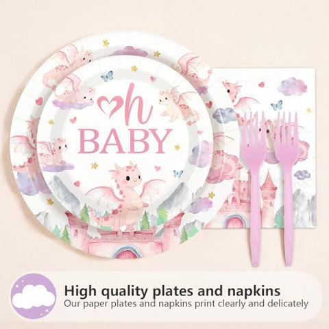 96 Pcs Pink Dragon Baby Shower Party Plates and Napkins - Grencian