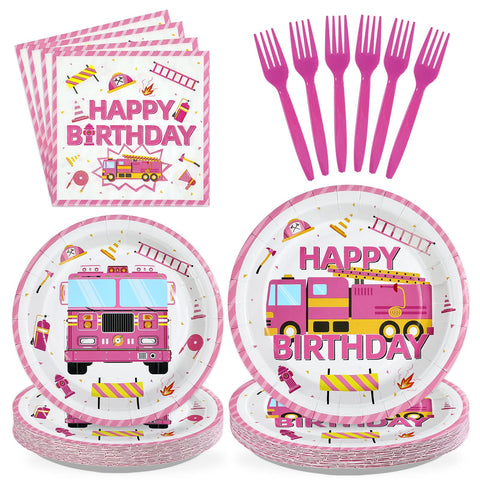 96 Pcs Pink Fire Truck Birthday Party Plates and Napkins - Grencian