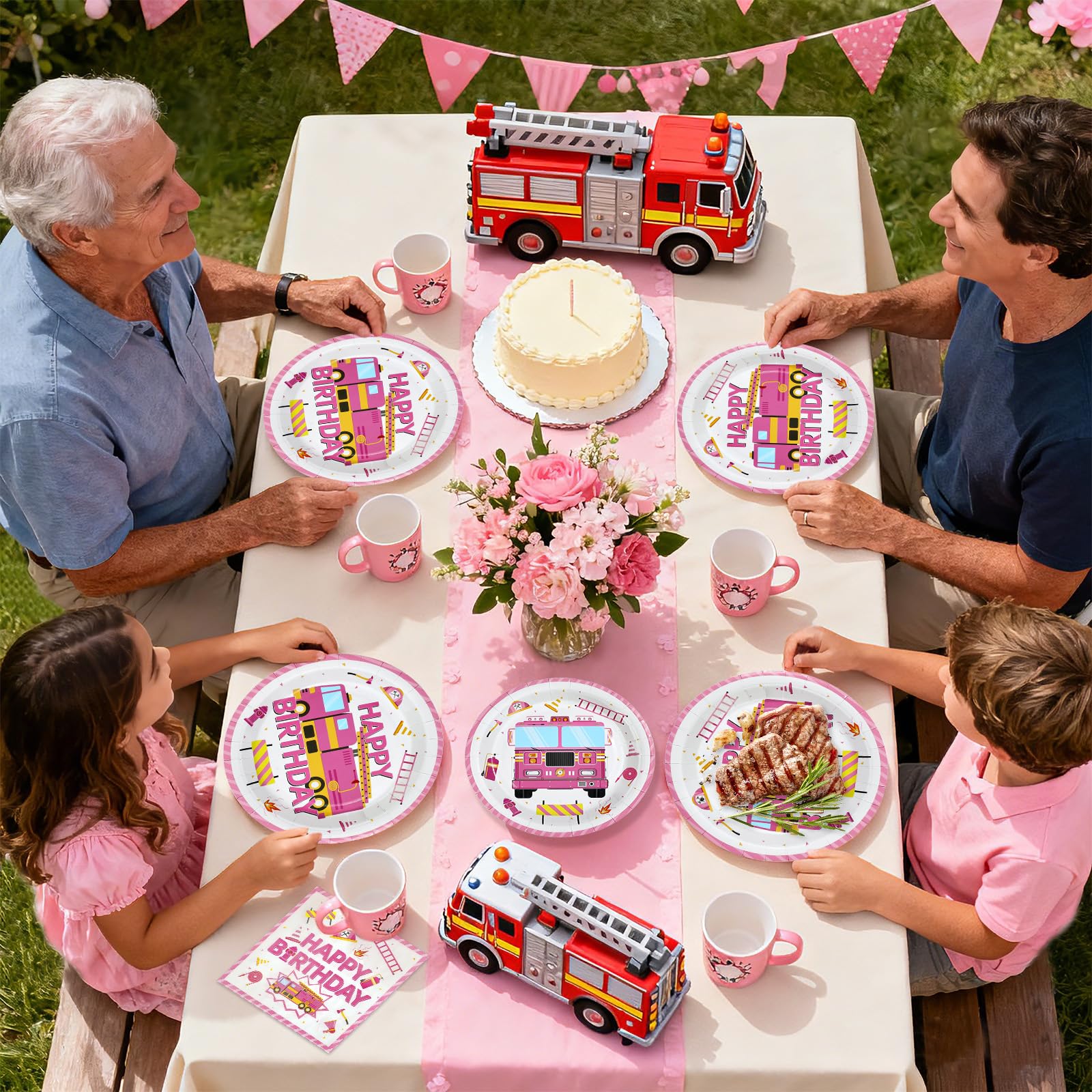 96 Pcs Pink Fire Truck Birthday Party Plates and Napkins - Grencian