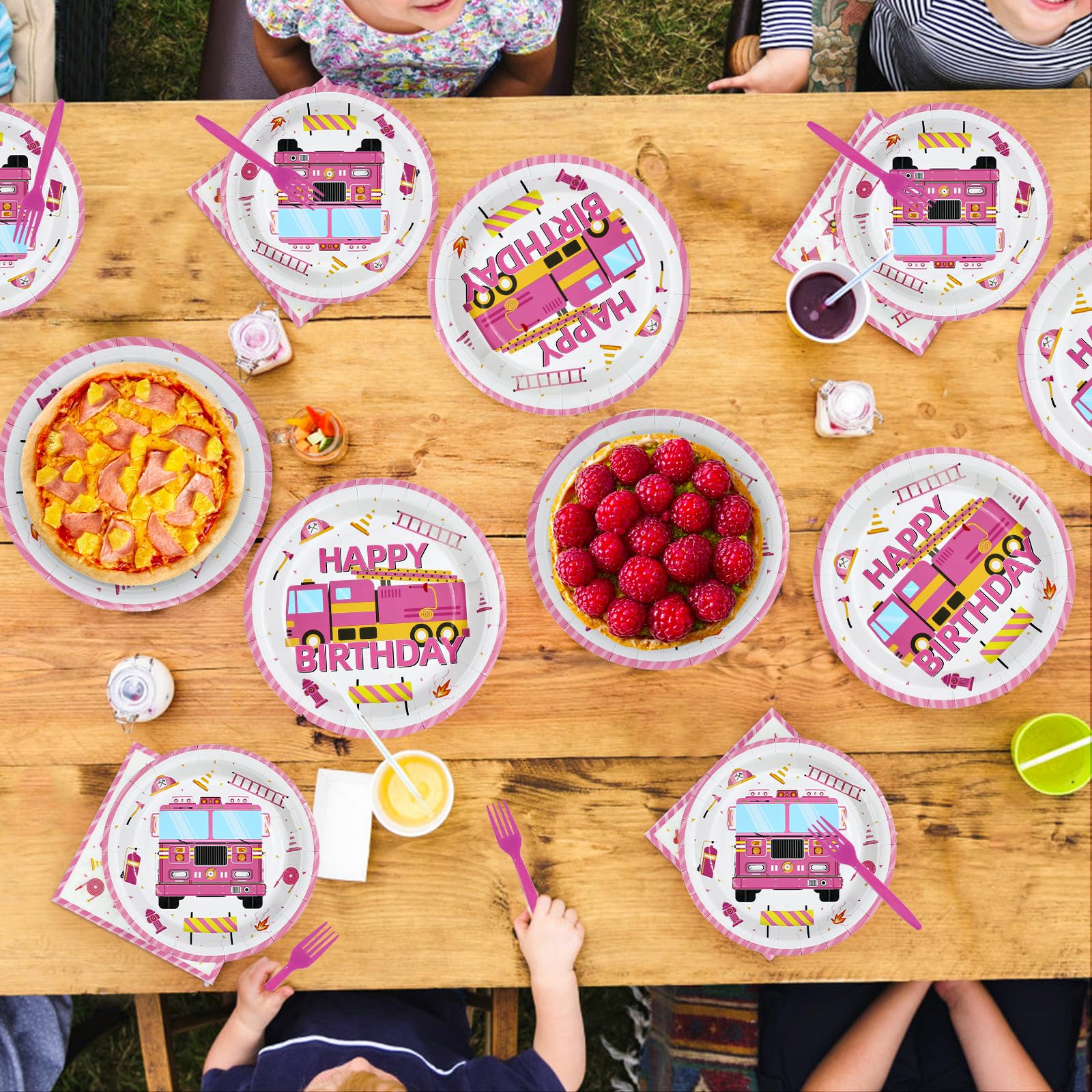 96 Pcs Pink Fire Truck Birthday Party Plates and Napkins - Grencian