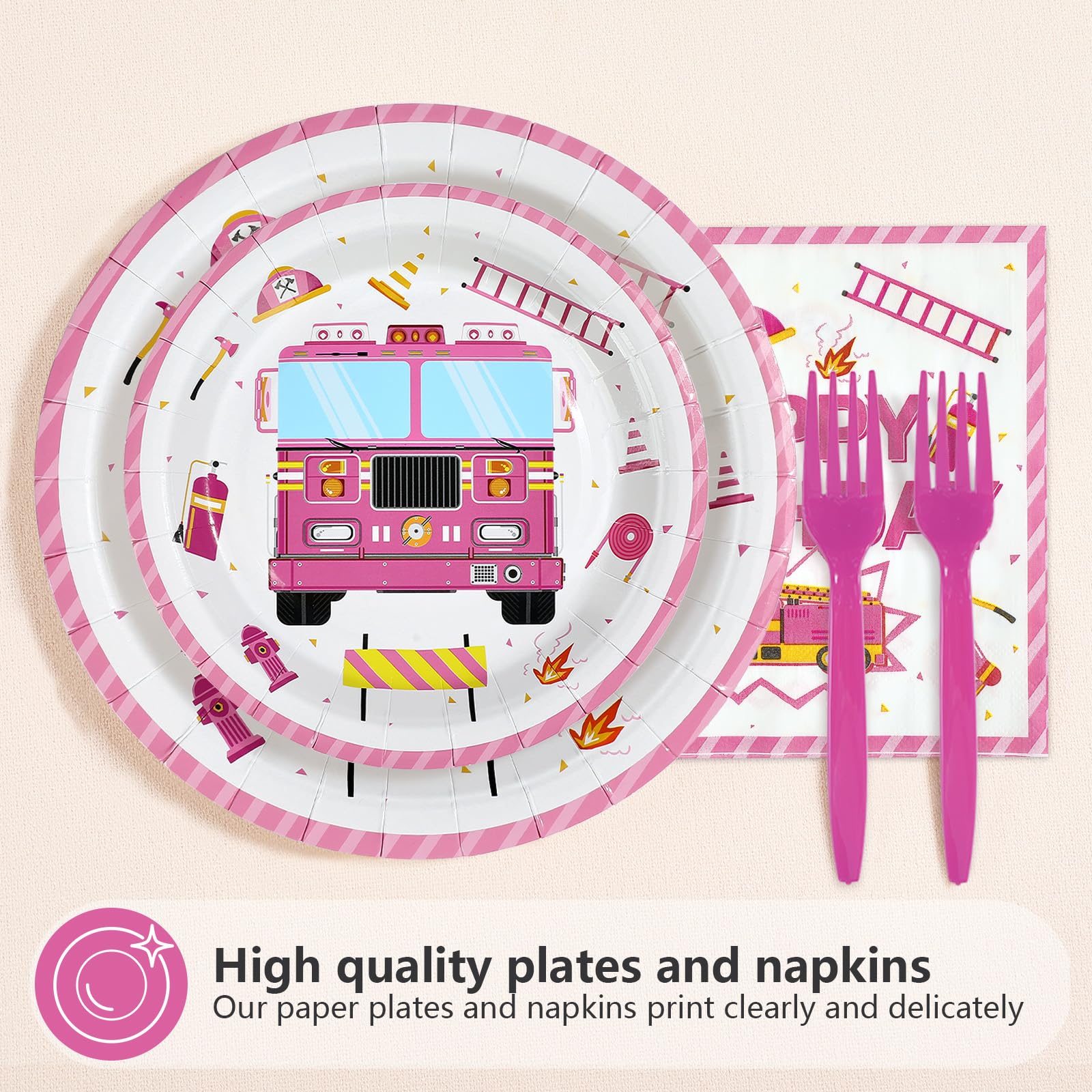96 Pcs Pink Fire Truck Birthday Party Plates and Napkins - Grencian
