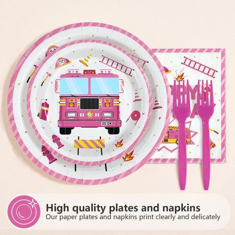 96 Pcs Pink Fire Truck Birthday Party Plates and Napkins - Grencian