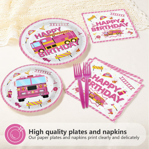 96 Pcs Pink Fire Truck Birthday Party Plates and Napkins - Grencian