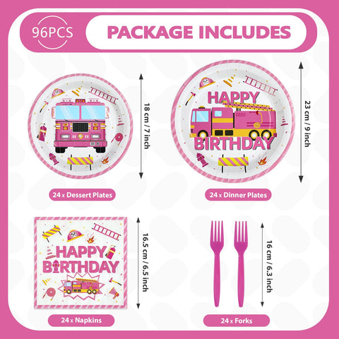 96 Pcs Pink Fire Truck Birthday Party Plates and Napkins - Grencian